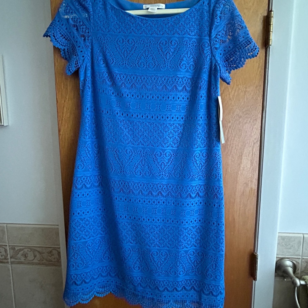 London Times Blue Flutter Sleeve Sheath Dress